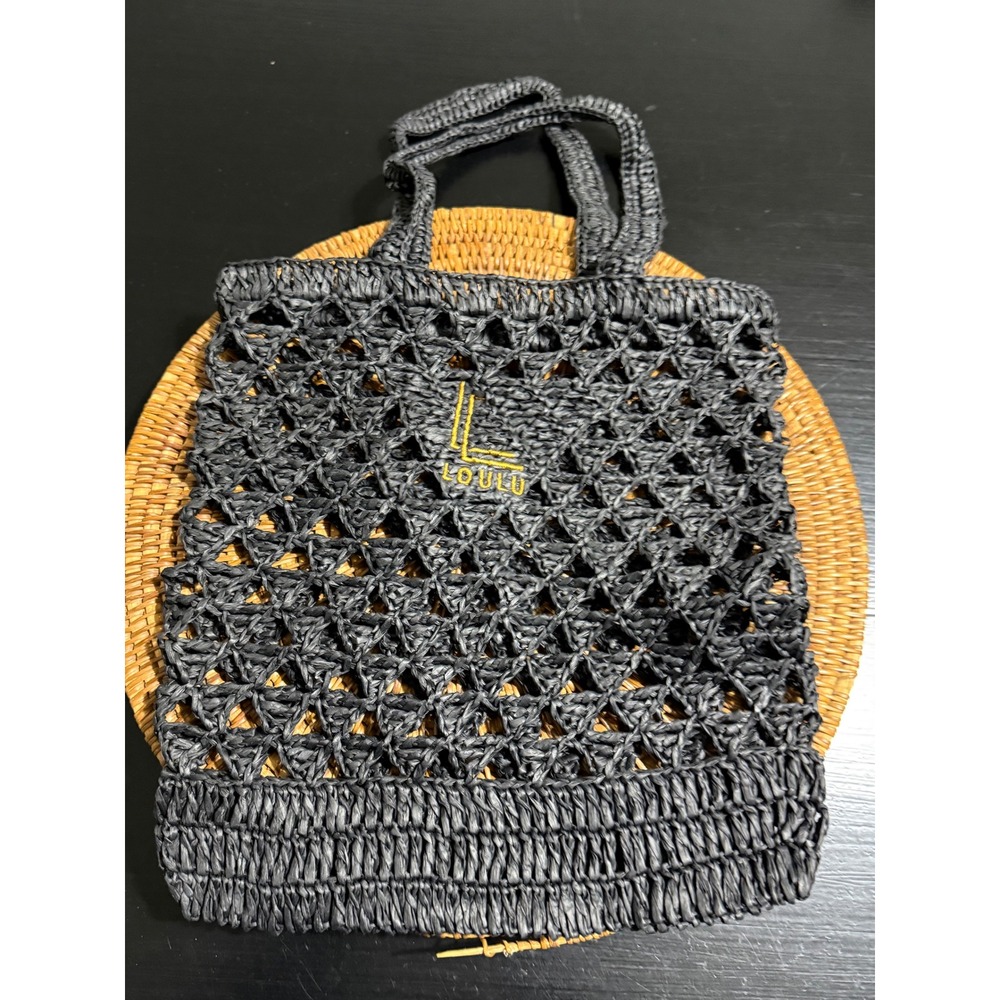 Loulou Studio Black Woven Raffia Tote Bag Embroidered Logo Summer Beach Bag